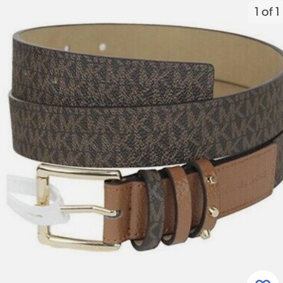 Michael Kors Logo Signature Square Gold Buckle Belt - Picture 3 of 9